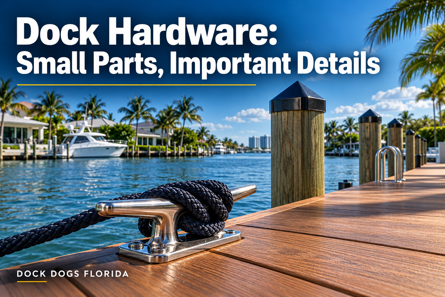 Close view of a stainless steel cleat and rope on a timber dock beside a South Florida canal.