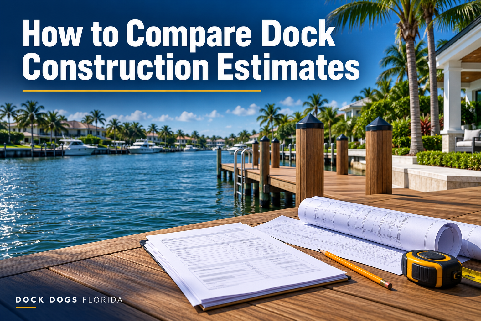 Construction estimate pages, drawings, pencil, and tape measure on a dock overlooking a residential canal.